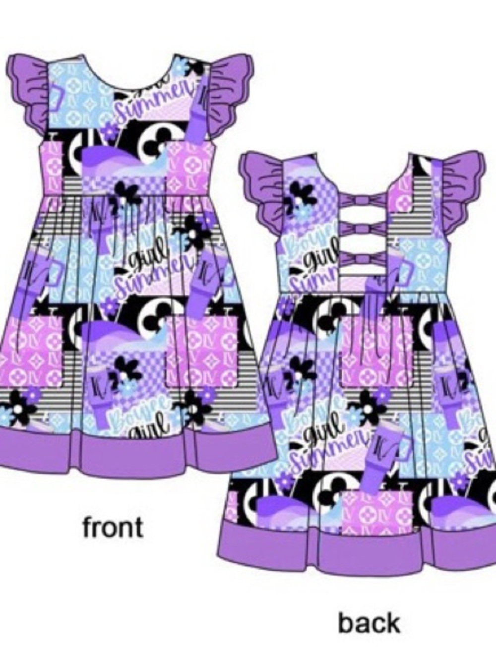 BAMBOO Purple and Light Blue Patchwork Flutter-Sleeve Girls Dress